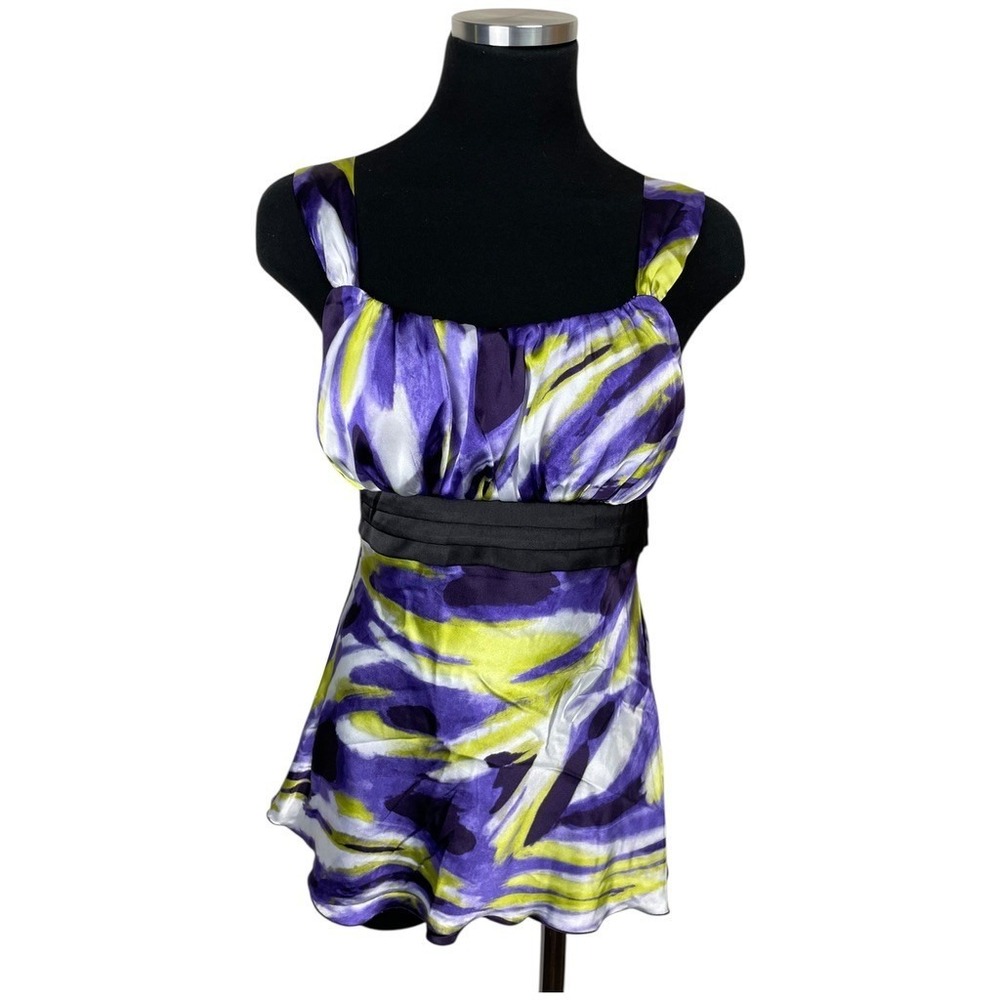 Vtg IZ Byer Tank Top M Y2K 90s Purple Satin Babydoll Empire Tie Back Abstract